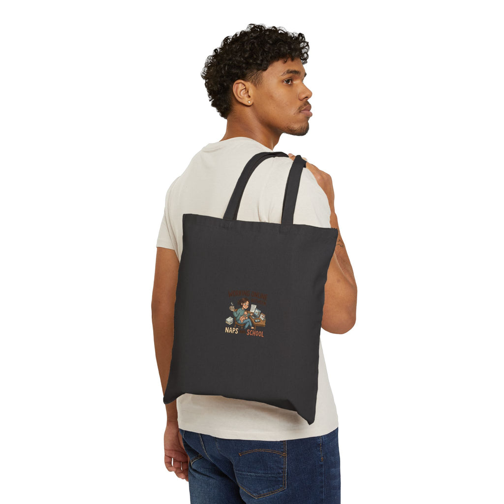 Tote Bag — "Working Online By Telepathic Means And School" Cute Cat Remote Work Canvas Tote