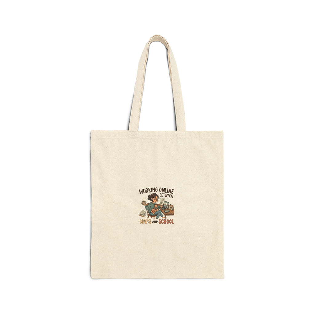 Tote Bag — "Working Online By Telepathic Means And School" Cute Cat Remote Work Canvas Tote